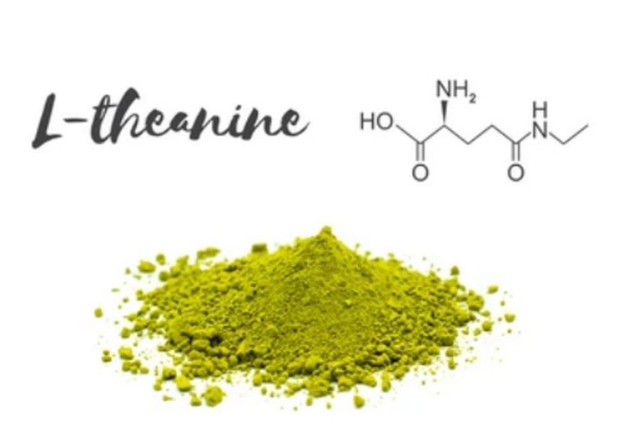 L-theanine molecular model and ground green tea