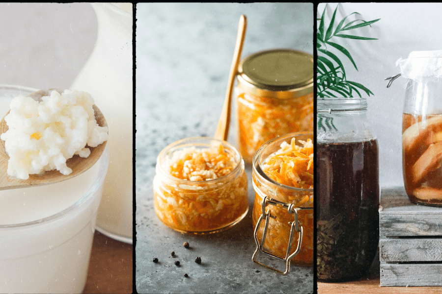 fermented foods - kefir, kimchi, kombucha