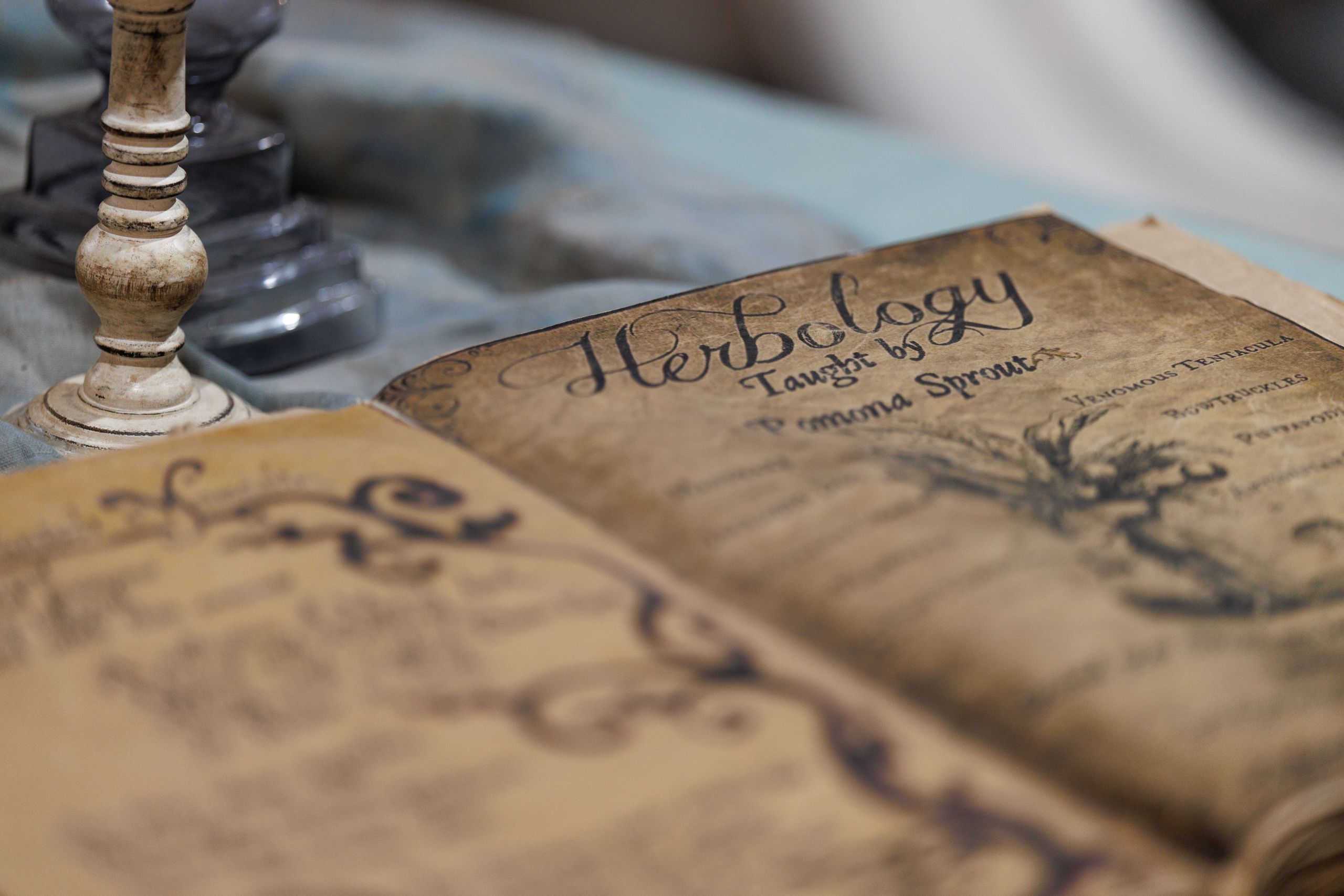 five books Vintage herbology book open on a table with a candle holder in the background.