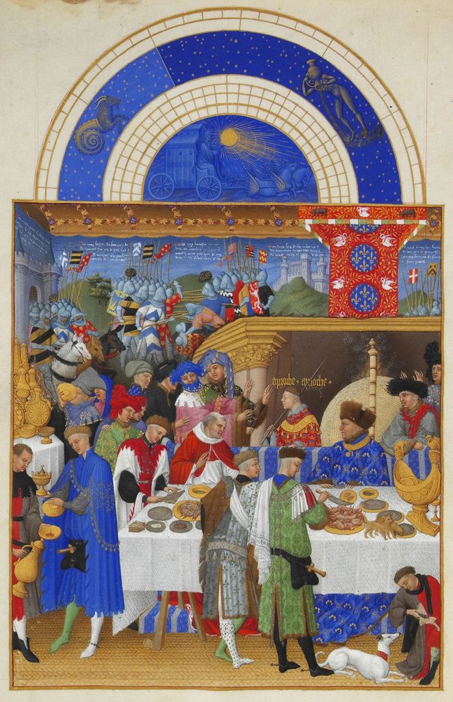 Duke of Berry at his feast table, January page of the Très Riches Heures, showing late medieval diet