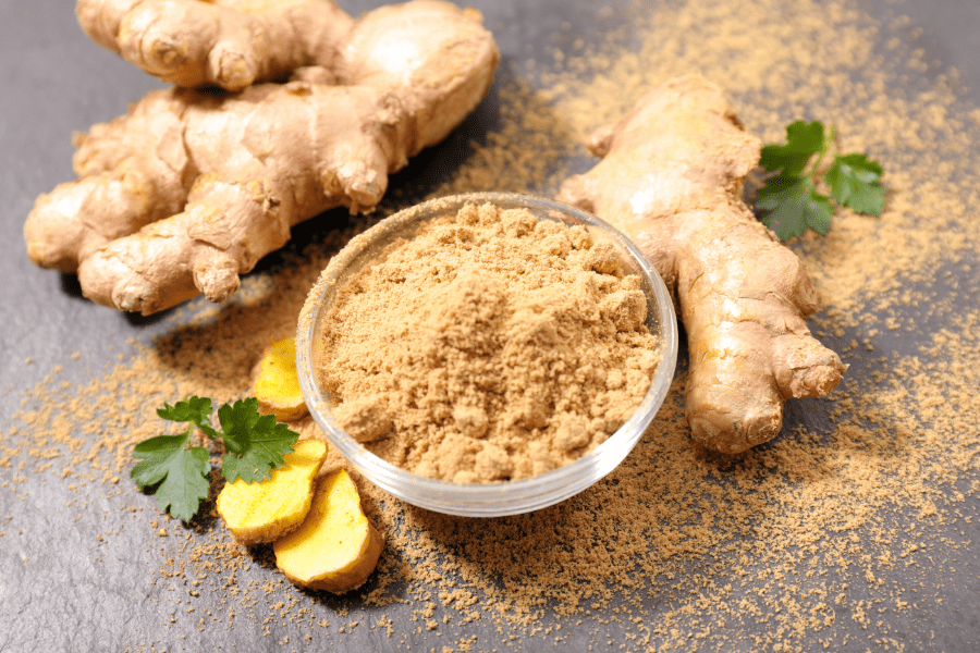 ginger roots, slices and powder